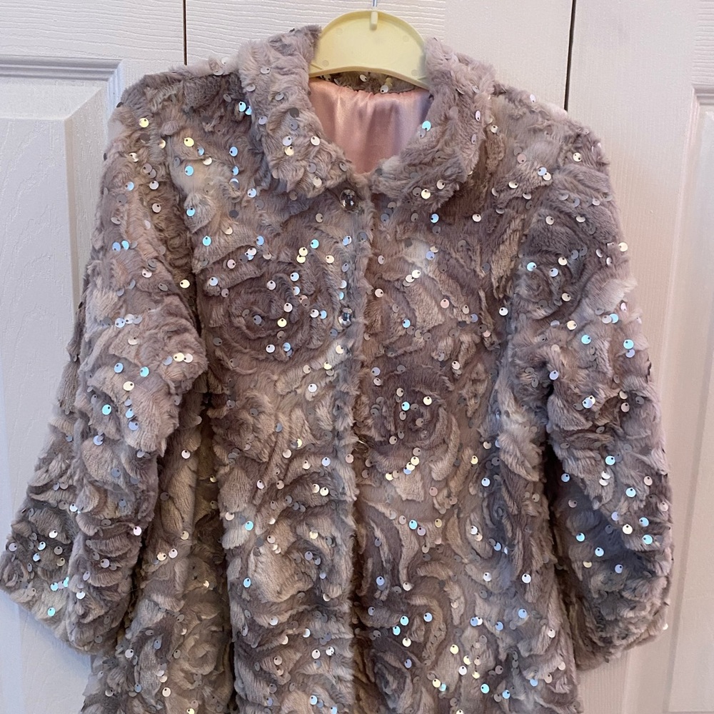 CachCach Dress Coat grey with silver sequins. Girls Size 5 Pink satin lining - Picture 2 of 5